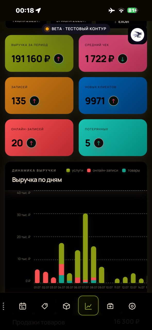 Мобильные отчёты Стриж CRM: выручка, средний чек, записи, новые клиенты и график выручки по дням